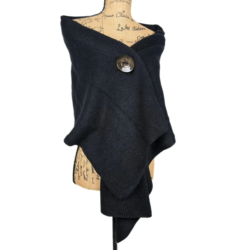 Black Chunky Knit Button Scarf Wrap Oversized Convertible Shawl Cowl